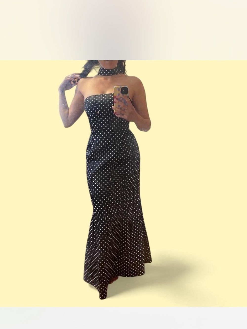 Jessica McClintock Black Strapless Polka Dot Maxi Dress with Matching Choker